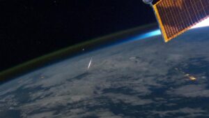 This image, taken by an astronaut from the International Space Station, shows a bright meteor from the Perseid shower in Earth's atmosphere. The brightest meteors are called fireballs, or bolides. Credit: NASA.