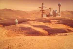 A muted Martian landscape with an astronaut and futuristic buildings in the background.