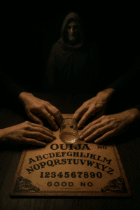 A dark séance board, a mysterious atmosphere, a mysterious figure in the background.