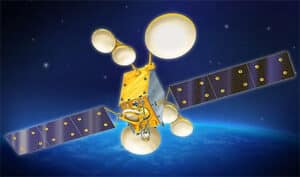 A satellite in space above Earth with solar panels and antennas for use in communication or observation.