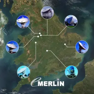 نظام تلسكوب e-MERLIN الراديوي في المملكة المتحدة: صورة الأقمار الصناعية لخريطة المجموعة المتصلة.