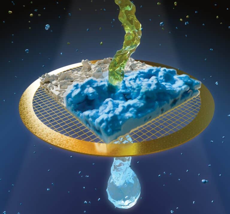 في الشكل: توضيح للتغير الذي يحدث في الغشاء نتيجة تدفق الماء عبره. الصورة: المتحدث باسم معهد التخنيون.