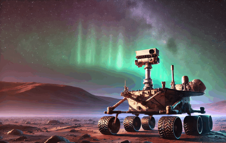 An image of NASA's Preservation spacecraft observing the aurora borealis. Credit: Avi Blizovsky, via DALEE