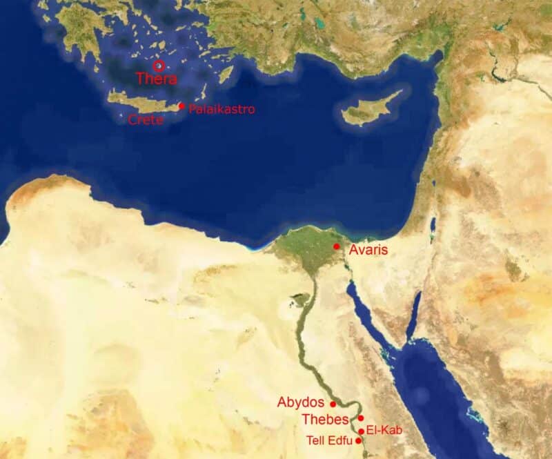 מפת אתרי התפרצות תרה והמיקומים המצריים המרכזיים
האזור המזרחי של הים התיכון ומצרים, עם מיקומו של הר הגעש תרה (סנטוריני) ואתרים נוספים המוזכרים בטקסט. קרדיט: מבוסס על Mapcarta – המפה הפתוחה ברישיון CC BY © OpenStreetMap, Mapbox ו-Mapcarta.