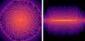صور أمامية (يسار) وجانبية (يمين) لقرص غاز مجري. أُنتجت هذه الصور لانتشار الغاز بعد انفجار مستعر أعظم باستخدام نموذج التعلم العميق البديل. حقوق الصورة: RIKEN
