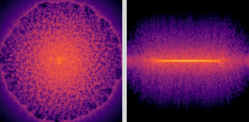 תמונות חזיתית (משמאל) ומהצד (מימין) של דיסקת גז גלקטית. תמונות אלה של פיזור גז אחרי פיצוץ סופרנובה נוצרו על ידי מודל הלמידה העמוקה החלופי. קרדיט: RIKEN