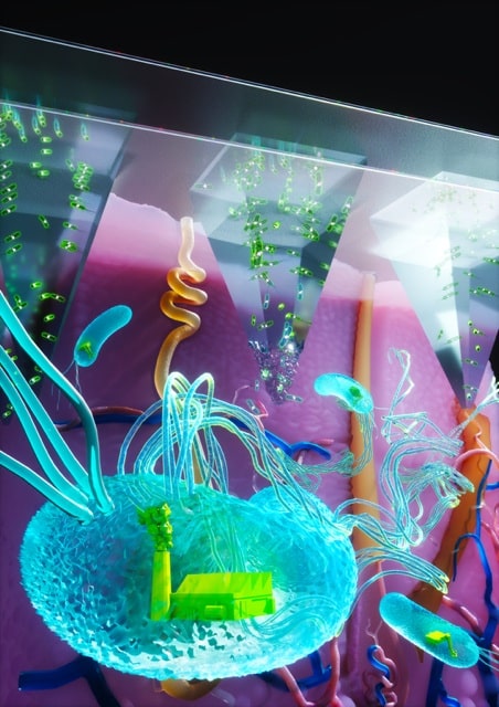 הקונספט החדש – חיידק (בתכלת) המשמש מפעל תרופות המייצר את החומר הפעיל באיבר המטרה (העור)