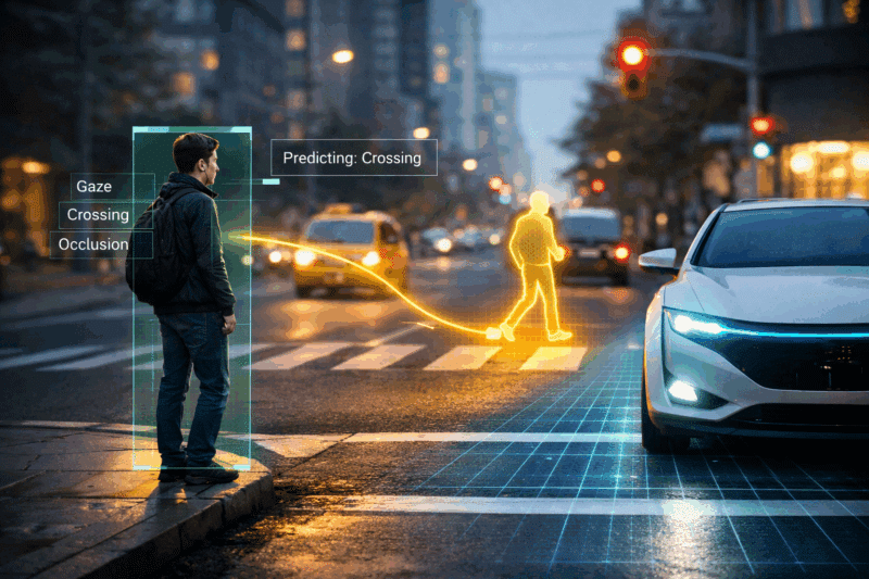 המערכת OmniPredict משתמשת במודל שפה רב־מודלי כדי לחזות בזמן אמת מה הולכי רגל צפויים לעשות – ובניסויים מוקדמים עקפה מודלים מובילים בלי אימון ייעודי. הדמיה: אבי בליזובסקי באמצעות DALEE