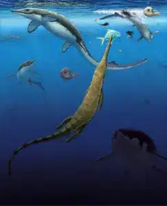 سرب من السحالي السمكية صغيرة الجسم من نوع غريبيا لونغيروستريس تصطاد أمونيات تشبه الحبار (أعلى اليسار). يلتقط البرمائي البحري أفانيراما السمكة العظمية بوباسترانيا (في المقدمة). يختبئ الإكثيوصور العملاق سيمبوسبونديلوس في الأعماق (أسفل اليمين). حقوق الصورة: روبرت باك