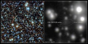 على اليسار: حقل النجوم المحيط بالمجرة المضيفة لانفجار أشعة غاما GRB 250702B؛ على اليمين: صورة مقرّبة للمجرة من تلسكوب جيميني الشمالي، بعد أكثر من ساعتين من الرصد، حيث لا تزال المجرة تبدو خافتة بسبب الغبار. حقوق الصورة: مرصد جيميني الدولي/مرصد سيرو تولولو/مختبر NOIRLab/وزارة الطاقة الأمريكية/المؤسسة الوطنية للعلوم/رابطة الجامعات لأبحاث الفلك.