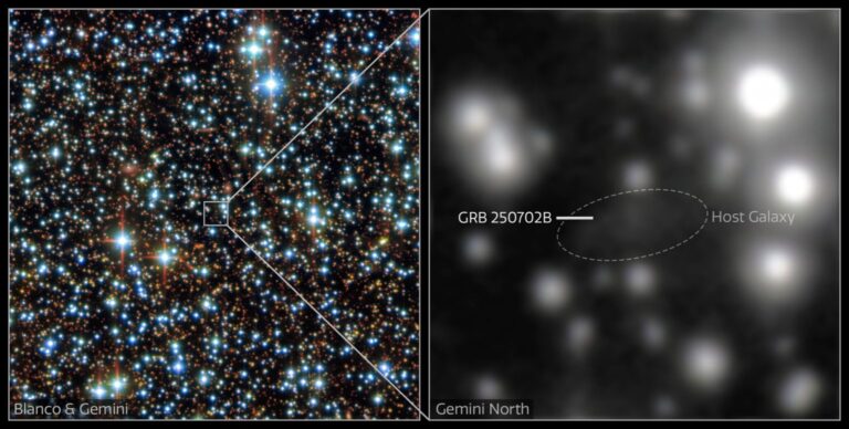 משמאל: שדה הכוכבים סביב הגלקסיה המארחת של GRB 250702B; מימין: תקריב של הגלקסיה מטלסקופ ג’מיני צפון, לאחר יותר משעתיים תצפית, כשהגלקסיה עדיין נראית חיוורת בגלל האבק. קרדיט: International Gemini Observatory/CTIO/NOIRLab/DOE/NSF/AURA.