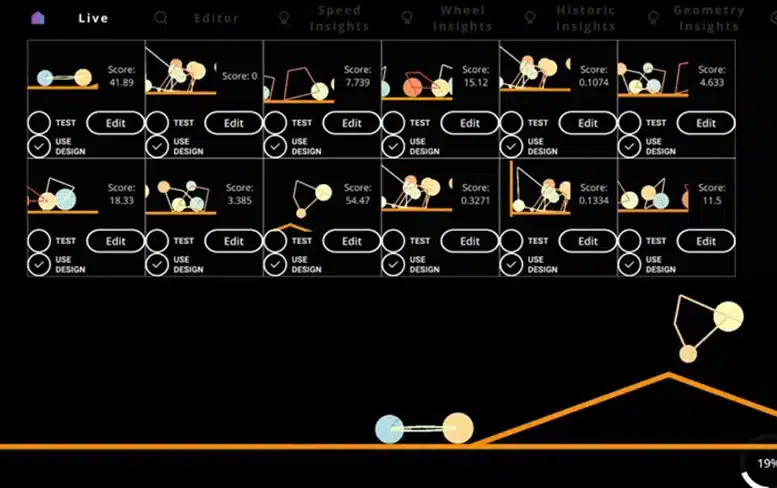 המשחק Genetic Car Designer Game, שבו התבקשו המשתתפים לעצב מכונית וירטואלית. קרדיט: ד״ר שון וולטון, אוניברסיטת סוונזי