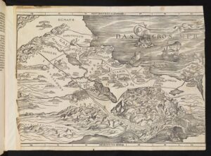 خريطة لوكاس كراناخ الأكبر للأرض المقدسة في طبعة كريستوفر بروشاور للعهد القديم (زيورخ، ١٥٢٥) في مكتبة رين، كلية ترينيتي، كامبريدج. حقوق الصورة: أستاذ وزملاء كلية ترينيتي، كامبريدج.