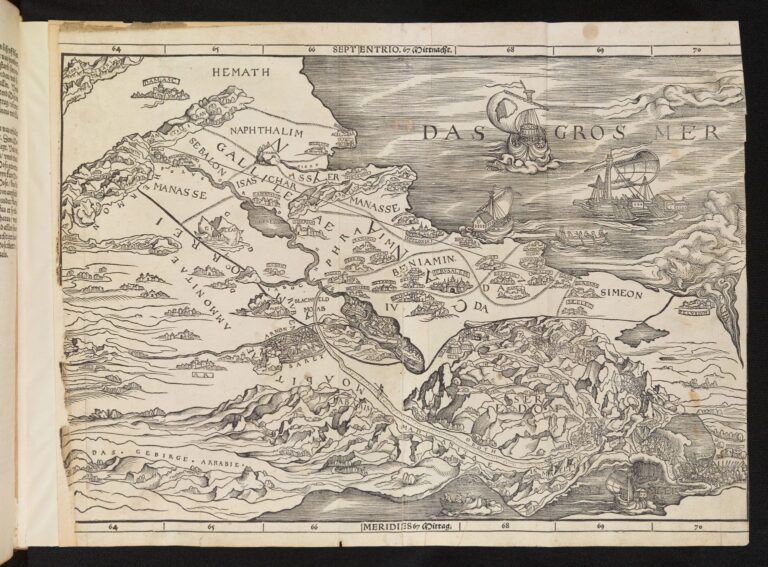 מפת ארץ הקודש של לוקאס קראנאך הזקן במהדורת הברית הישנה של כריסטופר פרושאואר (ציריך, 1525) בספריית רן (The Wren Library), טריניטי קולג', קיימברידג'. קרדיט: The Master and Fellows of Trinity College, Cambridge