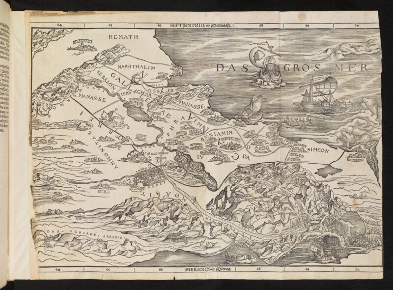 מפת ארץ הקודש של לוקאס קראנאך הזקן במהדורת הברית הישנה של כריסטופר פרושאואר (ציריך, 1525) בספריית רן (The Wren Library), טריניטי קולג', קיימברידג'. קרדיט: The Master and Fellows of Trinity College, Cambridge