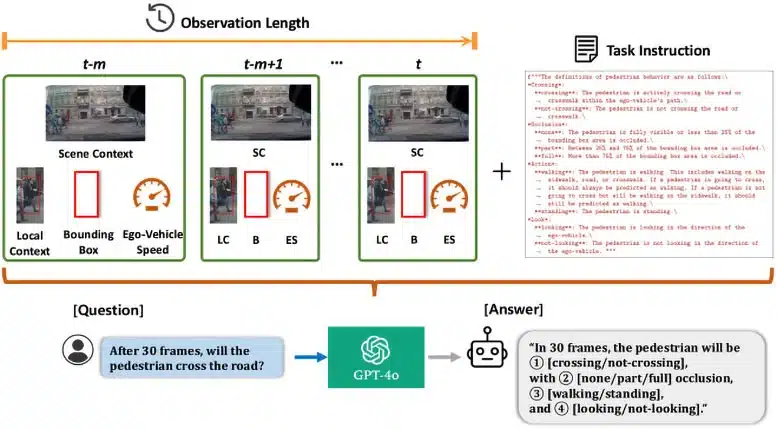 תרשים סקירה של OmniPredict: מערכת מבוססת GPT-4o שמשלבת תמונות של הסצנה, תקריבים, מסגרות תחימה (bounding boxes) ומהירות הרכב, כדי להבין מה הולכי רגל עשויים לעשות בהמשך. לפי הניתוח, ההתנהגות מסווגת לארבע קטגוריות מרכזיות: חצייה, הסתרה (occlusion), פעולות, ומבט (gaze). כיתוב תמונה: קרדיט: Dr. Srinkanth Saripalli, Texas A&M University College of Engineering. DOI: 10.1016/j.compeleceng.2025.110741