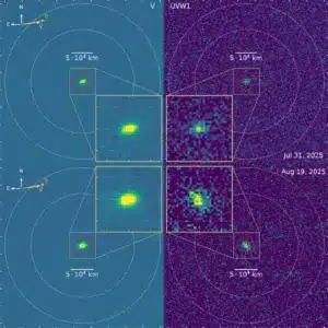 التقط تلسكوب سويفت للأشعة فوق البنفسجية/الضوئية (UVOT) صورًا للمذنب بين النجوم 3I/ATLAS في رصدين، في يوليو وأغسطس 2025. يُظهر كل زوج من الصور صورةً بالضوء المرئي (يسارًا) وصورةً بالأشعة فوق البنفسجية (يمينًا)، حيث يُشير التوهج الخافت لأيونات الهيدروكسيل (OH) إلى بخار الماء المتصاعد من المذنب. كل صورة هي عبارة عن دمج لعشرات اللقطات القصيرة، مدة كل منها ثلاث دقائق، جُمعت بدقة متناهية لتحقيق أوقات تكامل إجمالية تبلغ حوالي 42 دقيقة في الضوء المرئي وحوالي 2.3 ساعة في الأشعة فوق البنفسجية. سمحت نقطة مراقبة سويفت فوق الغلاف الجوي لعلماء الفلك برصد انبعاثات الأشعة فوق البنفسجية التي لا يمكن رؤيتها عادةً من الأرض. حقوق الصورة: دينيس بودويتس، جامعة أوبورن