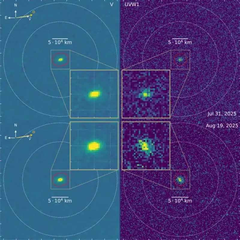 טלסקופ העל־סגול/אופטי (UVOT) של סוויפט צילם את השביט הבין־כוכבי 3I/ATLAS  בשתי תצפיות - ביולי ובאוגוסט 2025. בכל זוג תמונות מוצגת תמונת אור נראה (משמאל) ותמונה על־סגולה (מימין), שבה הזוהר החלש של הידרוקסיל (OH) עוקב אחר אדי מים הבורחים מן השביט. כל תמונה היא שילוב של עשרות חשיפות קצרות של שלוש דקות, שנאספו בקפדנות כדי להגיע לזמני אינטגרציה כוללים של כ־42 דקות באור נראה וכ־2.3 שעות בעל־סגול. נקודת התצפית של סוויפט מעל האטמוספרה אפשרה לאסטרונומים לזהות פליטות על־סגולות שבדרך כלל אינן נראות מן הקרקע. קרדיט: Dennis Bodewits, Auburn University