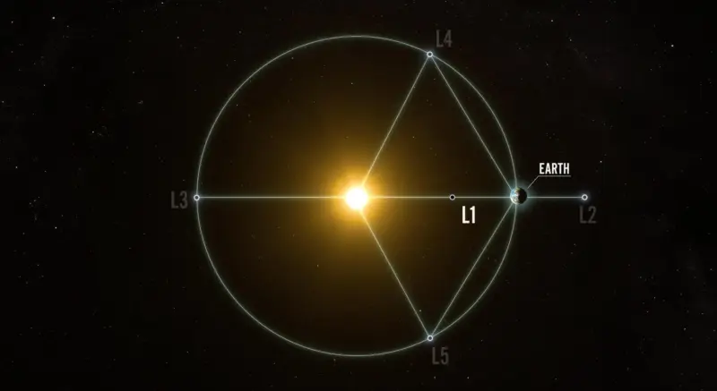 הדמיה של חמש נקודות לגראנז' במערכת שמש-ארץ. בנקודות אלו, כוחות הכבידה של שני הגופים הגדולים מתאזנים ומאפשרים לחללית לשמור על מיקומה במינימום דלק. נקודת L1 מספקת תצפית רציפה על השמש, והחל משנת 2025 יפעלו בה שלוש משימות הליופיזיקה: IMAP של נאס"א, מצפה הגאו-קורונה קרות'רס, ולוויין SWFO-L1 של NOAA. קרדיט: NASA’s Conceptual Image Lab / Krystofer Kim