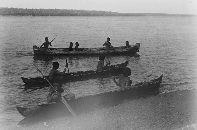 הממצאים גם מצביעים על כך שבני האדם ידעו להפליג למרחקים כבר לפני 60 אלף שנים. אבוריג'ינים שטים בסירות | מקור: National Museum of Australia