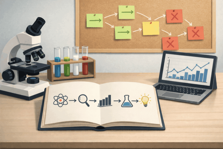 “שולחן מעבדה עם מיקרוסקופ, מבחנות ומחשב; במחברת איורים שממחישים את שלבי השיטה המדעית מהשערה לניסוי, נתונים וביקורת.”