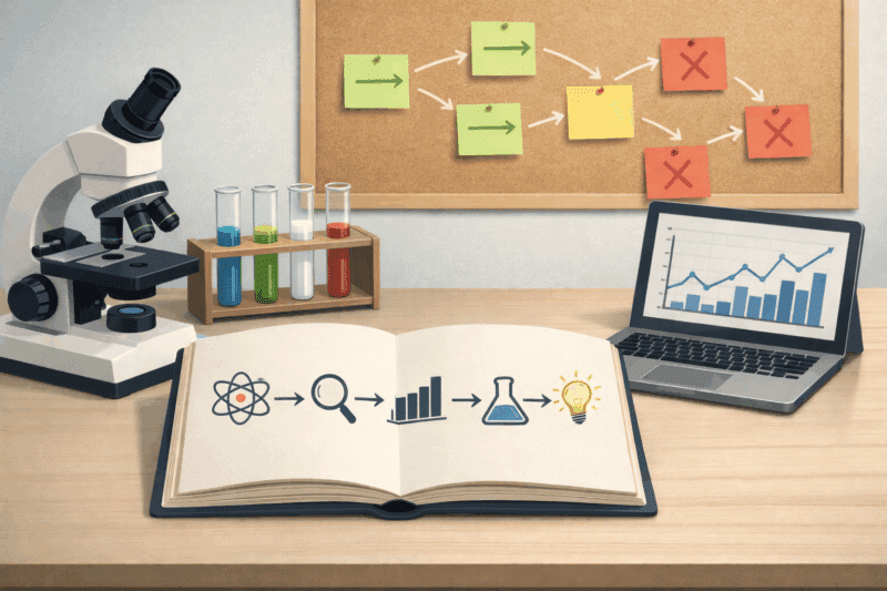 “שולחן מעבדה עם מיקרוסקופ, מבחנות ומחשב; במחברת איורים שממחישים את שלבי השיטה המדעית מהשערה לניסוי, נתונים וביקורת.”