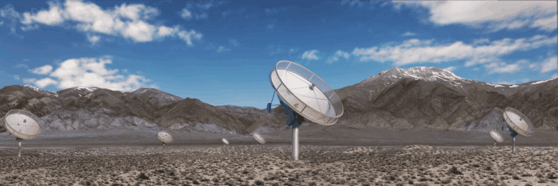 הדמיית Deep Synoptic Array — “מערך רדיו מתוכנן בנבדה, סדר גודל של כ־1,600 צלחות בקוטר כ־6 מטר.” קרדיט: Schmidt Sciences / DSA.