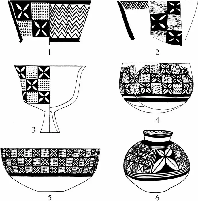 פרח גדול עם 16 או 32 עלי כותרת, ולצידו כלי עם 64 פרחים – המחשה לרצף ההכפלה שעליו מצביעים החוקרים. קרדיט: Yosef Garfinkel. 