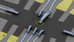 تجربة التداخل الكمومي كما تُرى تحت المجهر الإلكتروني. باستخدام طبقة ثنائية من الجرافين، تحكّم العلماء في مسار أيون سالب داخل المادة (باللون الأحمر). جعلوا موجته تدور حول جزيرة تحتوي على مجال مغناطيسي وأيونات سالبة أخرى (باللون الأخضر)، ثم أعادوها إلى الموجة الأصلية لدراسة خصائصها. تسمح البوابات الكهربائية (باللون الرمادي الداكن) للعلماء بتوجيه الأيونات السالبة على طول مسارات محددة في المادة، وكذلك تحديد كثافة الإلكترونات في الجزيرة.
