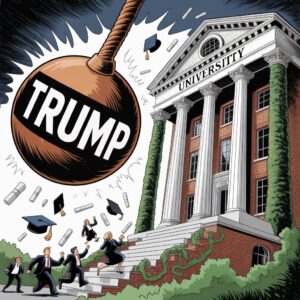 The Trump administration is harming higher education institutions from many directions. Illustration via ideogram.ai