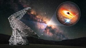 Artist's impression of the Green Bank Telescope collecting data on the center of the Milky Way. The circled image shows the black hole at the center of our galaxy, and a potential pulsar (unverified) nearby. Credit: Danielle Futselaar / Breakthrough Listen