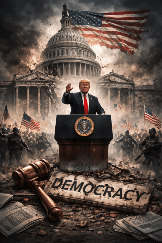 טראמפ מרסק את הדמוקרטיה בארה"ב. איור: אבי בליזובסקי באמצעות DALEE