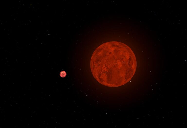 כוכב הלכת החוץ־שמשי LHS 3844b וכוכב האם שלוLHS 3844 . המסלול הצמוד של כוכב הלכת, הנמשך כ־11 שעות בלבד, הופך אותו כנראה לעולם נעול גאות, שבו אותו צד פונה תמיד אל הכוכב. קרדיט: NASA.