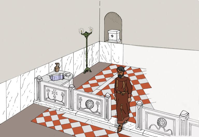 הצעת שחזור של הפוֹטִיסְטֶרִיוֹן במנזר הביזנטי בסוסיתא. (איוניס נקאס ומיכאל איזנברג)