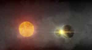رسم توضيحي من إعداد الباحث الرئيسي آندي تسانيداكيس لاصطدام الكواكب التي تدور حول النجم Gaia20ehk في عام 2021.
