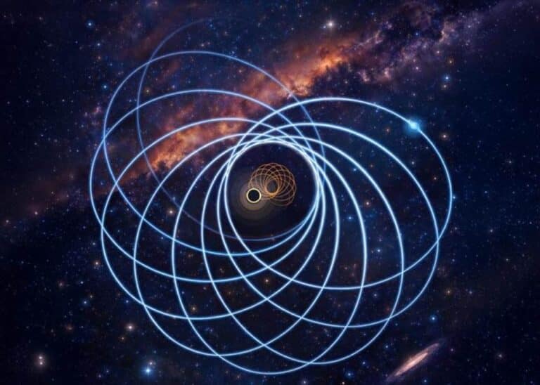 התרשמות אמן של מערכת בינארית אקסצנטרית של כוכב נייטרונים וחור שחור. מסלול כוכב הנייטרונים מוצג בכחול ותנועת החור השחור בכתום כששני הגופים מקיפים אחד את האחר. האקסצנטריות המוצגת כאן מוגזמת יחסית למערכת האמיתית, GW200105, כדי שההשפעה על התנועה המסלולית תהיה ברורה יותר. קרדיט: Geraint Pratten, Royal Society University Research Fellow, University of Birmingham