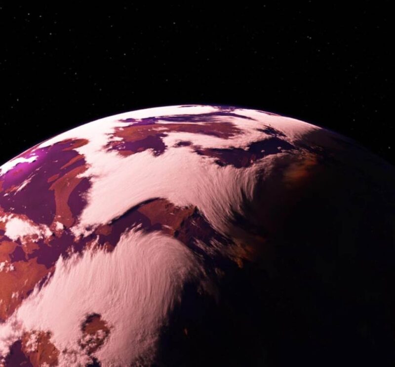 התרשמות אמן של כוכב לכת תאורטי המקיף כוכב אדום יותר, שיכול לגרום לחיידקים וצמחים על פני כוכב הלכת להחזיר צבעים שונים לגמרי מהיערות הירוקים של הארץ. קרדיט: Gillis Lowry