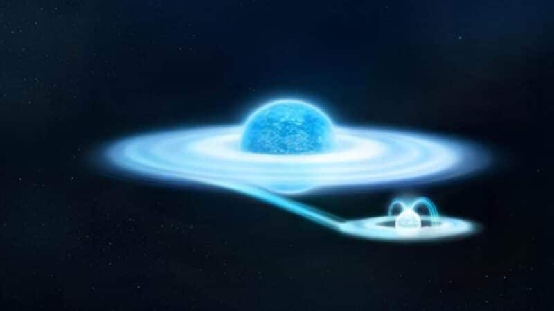 התרשמות אמן זאת מדגימה את הכוכב המסיבי גמא בקסיופאה ואת הנלווה שלו, ננס לבן קטן אבל צפוף. קרדיט: ESA / Y. Nazé