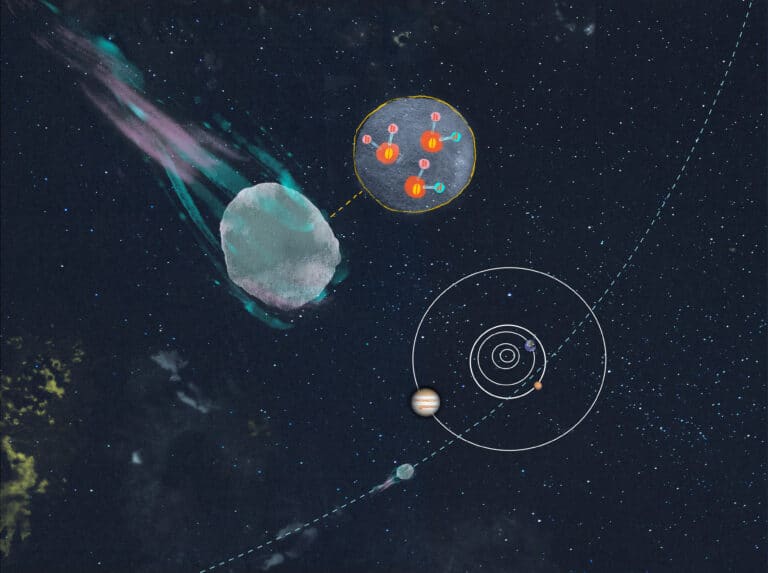 מחקר חדש על השביט הבין־כוכבי 3I/ATLAS בהובלת אוניברסיטת מישיגן מראה כי המים שבו מכילים שיעור גבוה במיוחד של דאוטריום. צורה זו של מימן נדירה יחסית במערכת השמש שלנו, ומאפשרת לחוקרים להפיק תובנות חדשות על תהליכים פלנטריים המתרחשים במקומות אחרים בגלקסיה. קרדיט: U-M News / Hans Anderson