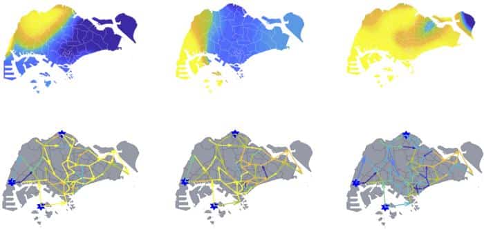 איורים אלה מראים כיצד כלי רכב חשמליים יכולים לסייע באיזון רשת החשמל העירונית, כאשר ייצור החשמל הסולארי משתנה עם מעבר סופות רעמים. מתוך המחקר