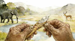 إعادة بناء عملية إنتاج الأدوات الحجرية في موقع شيغوه بوسط الصين. تشير أبحاث جديدة إلى تقنيات نحت متطورة وأقدم دليل في شرق آسيا على وجود أدوات حجرية مثبتة بمقبض، يعود تاريخها إلى ما بين 160 و72 عام. حقوق الصورة: هالك يوان