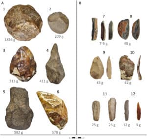 Heavy and light stone tools from the Paleolithic period in the Levant, including hand stones, stone balls, blades and flints, from a study of technological changes in early man.