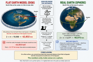 Explanation of the difference between the length of the equator in a flat world versus a spherical world. Illustration: Avi Blizovsky via DALEE