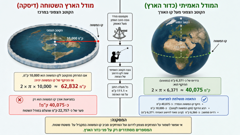 הסבר על ההבדל בין אורך קו המשווה בעולם שטוח לעומת עולם כדורי. איור: אבי בליזובסקי באמצעות DALEE