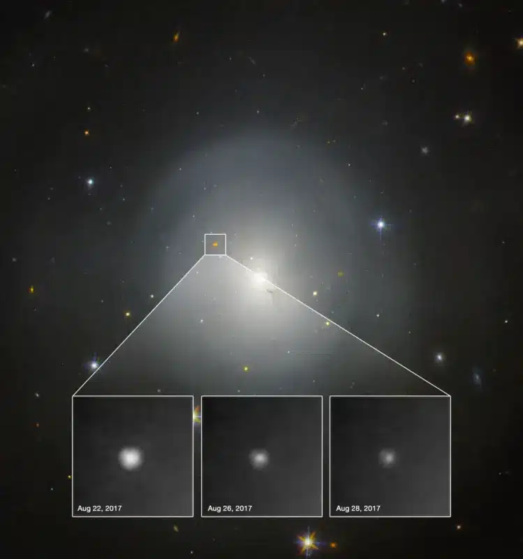 ב-17.8.2017 בגלקסיית העדשה NGC 4993, אפשר היה לצפות בהתנגשות הראשונה בין שני כוכבי נייטרינו על ידי מדידת גלי כבידה. ההתלקחות הכוכבית הקשורה, קילונובה, נראית בבירור בתצפיות של טלסקופ החלל האבל, שצפה בה דועכת בהדרגה במשך שישה ימים (התמונות בריבועים). קרדיט: A.J. Levan (U. Warwick), N.R. Tanvir (U. Leicester), and A. Fruchter and O. Fox (STScI)
