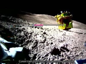 The small rover photographed the outside of the Japanese Space Agency's SLIM spacecraft. Credit: JAXA / Takara Tomy / Sony Group / Doshisha University,