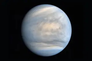 Venus in false-color ultraviolet light, with complex cloud structures surrounding the planet