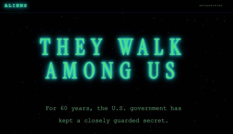 צילום מסך של אתר Aliens.gov של הבית הלבן עם עיצוב המזכיר סרטי עב״מים ומסר על אכיפת הגירה.