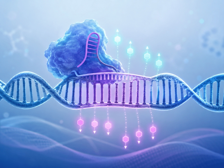 המחשה של עריכת אפיגנום: מערכת מונחית־CRISPR נקשרת לאזור מוגדר ב־DNA ומשנה סימנים כימיים המשפיעים על פעילות הגן, בלי לחתוך את הרצף הגנטי עצמו.