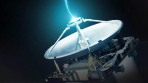 An artist's rendering of NASA's PExT terminal transmitting data between space communications networks.